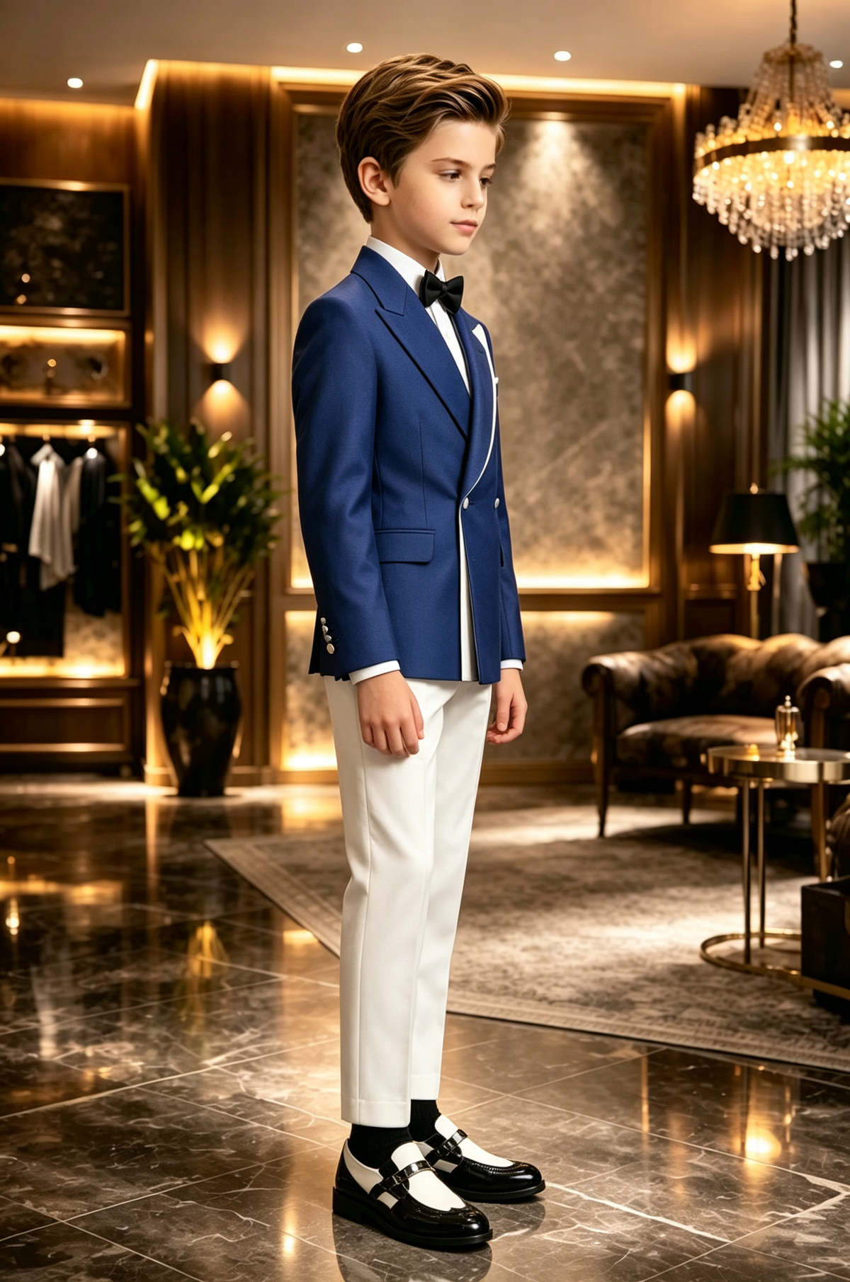 Deep Blue & White Contrast Lapel Single Breasted 2-Piece Suit Set