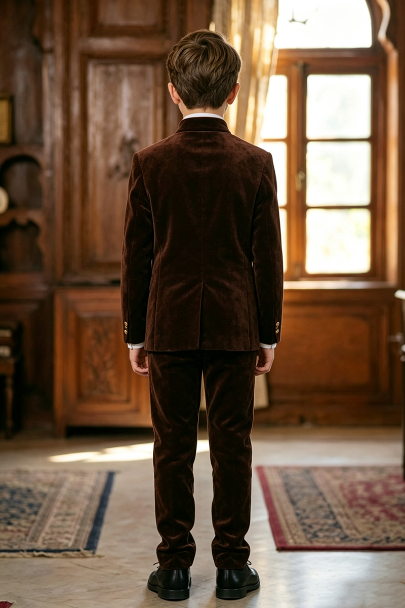 Boys Brown Velvet with Mandarin Collar 2-Piece Suit