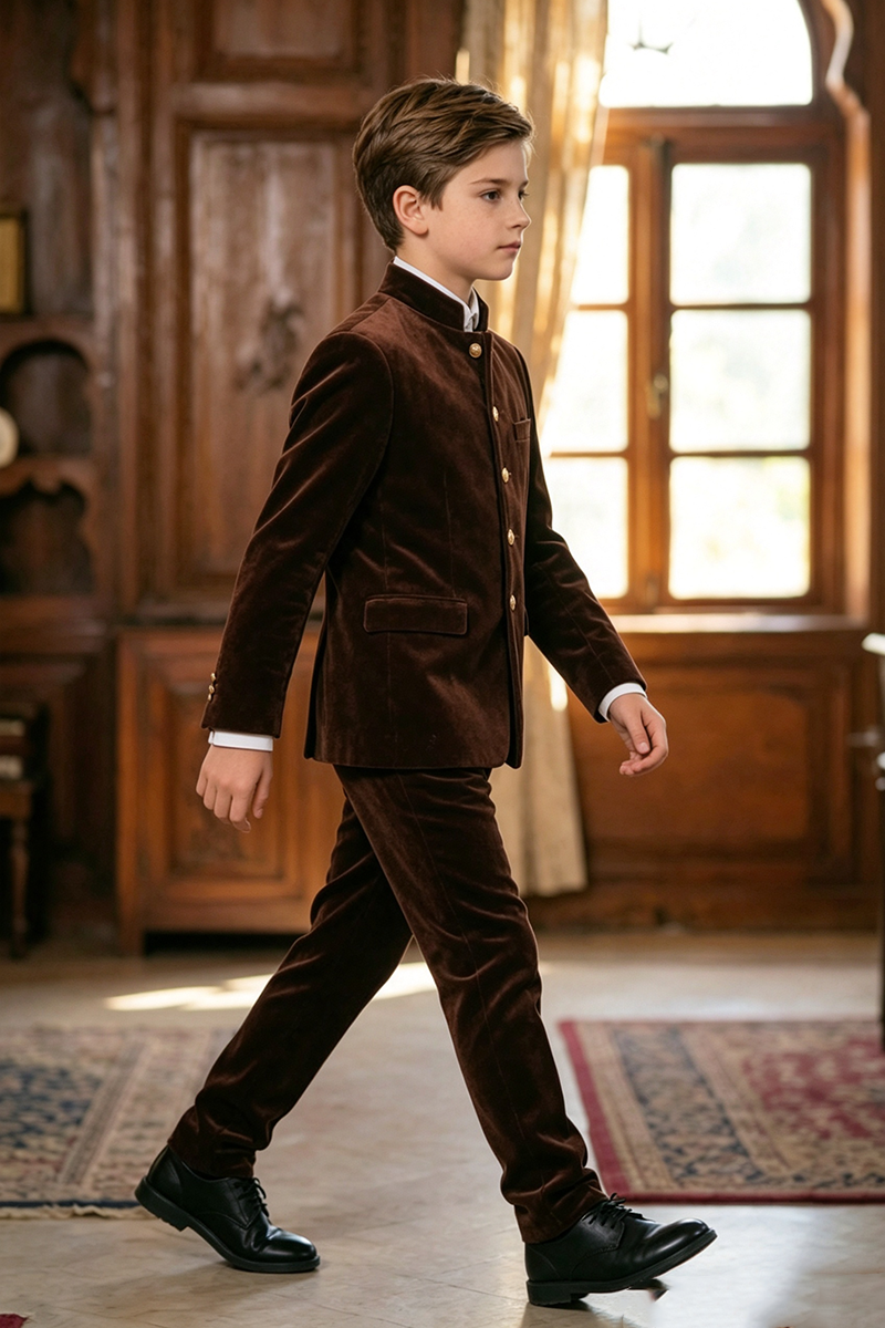 Boys Brown Velvet with Mandarin Collar 2-Piece Suit