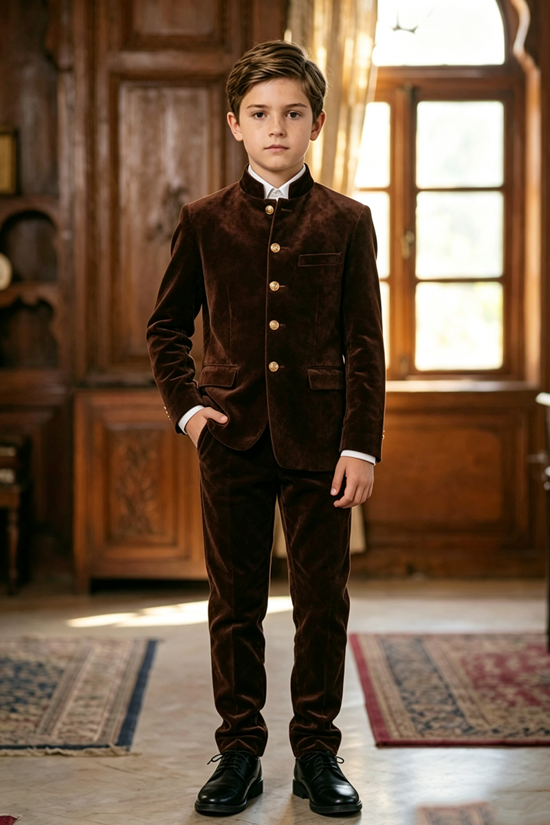 Boys Brown Velvet with Mandarin Collar 2-Piece Suit