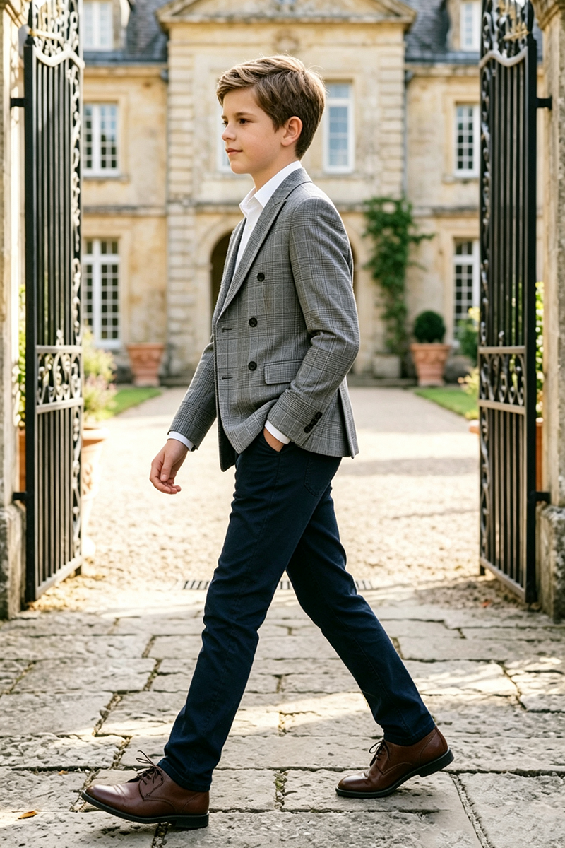 Boys Grey Plaid with Peak Lapel 2-Piece Suit