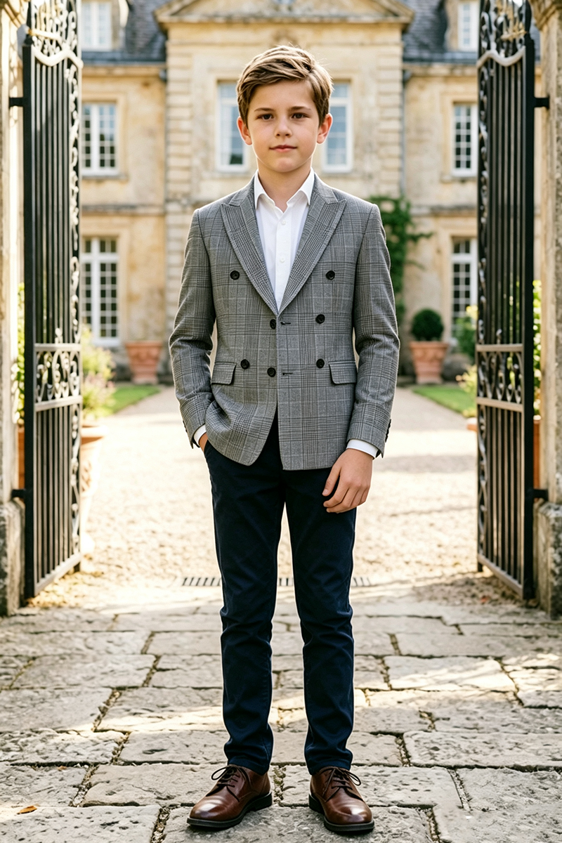 Boys Grey Plaid with Peak Lapel 2-Piece Suit