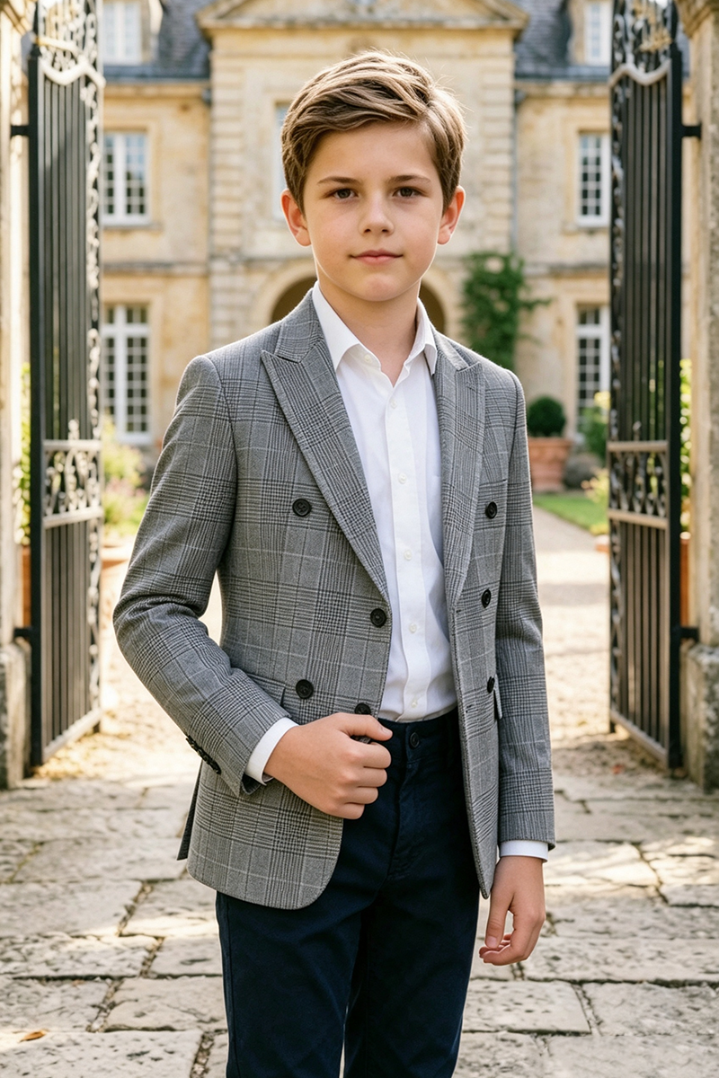 Boys Grey Plaid with Peak Lapel 2-Piece Suit
