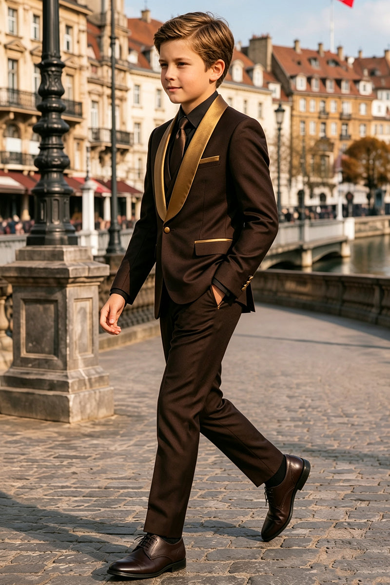 Boys Brown Tuxedo with Gold Shawl Lapel 2-Piece Suit Set