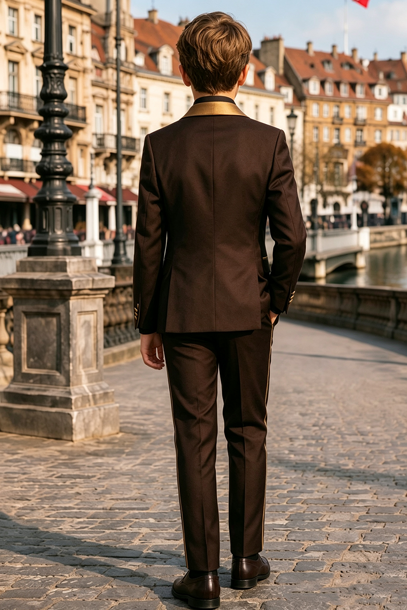 Boys Brown Tuxedo with Gold Shawl Lapel 2-Piece Suit Set