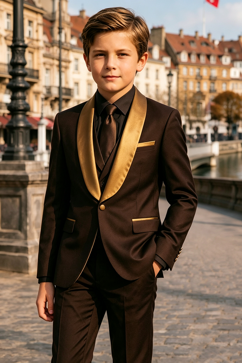 Boys Brown Tuxedo with Gold Shawl Lapel 2-Piece Suit Set