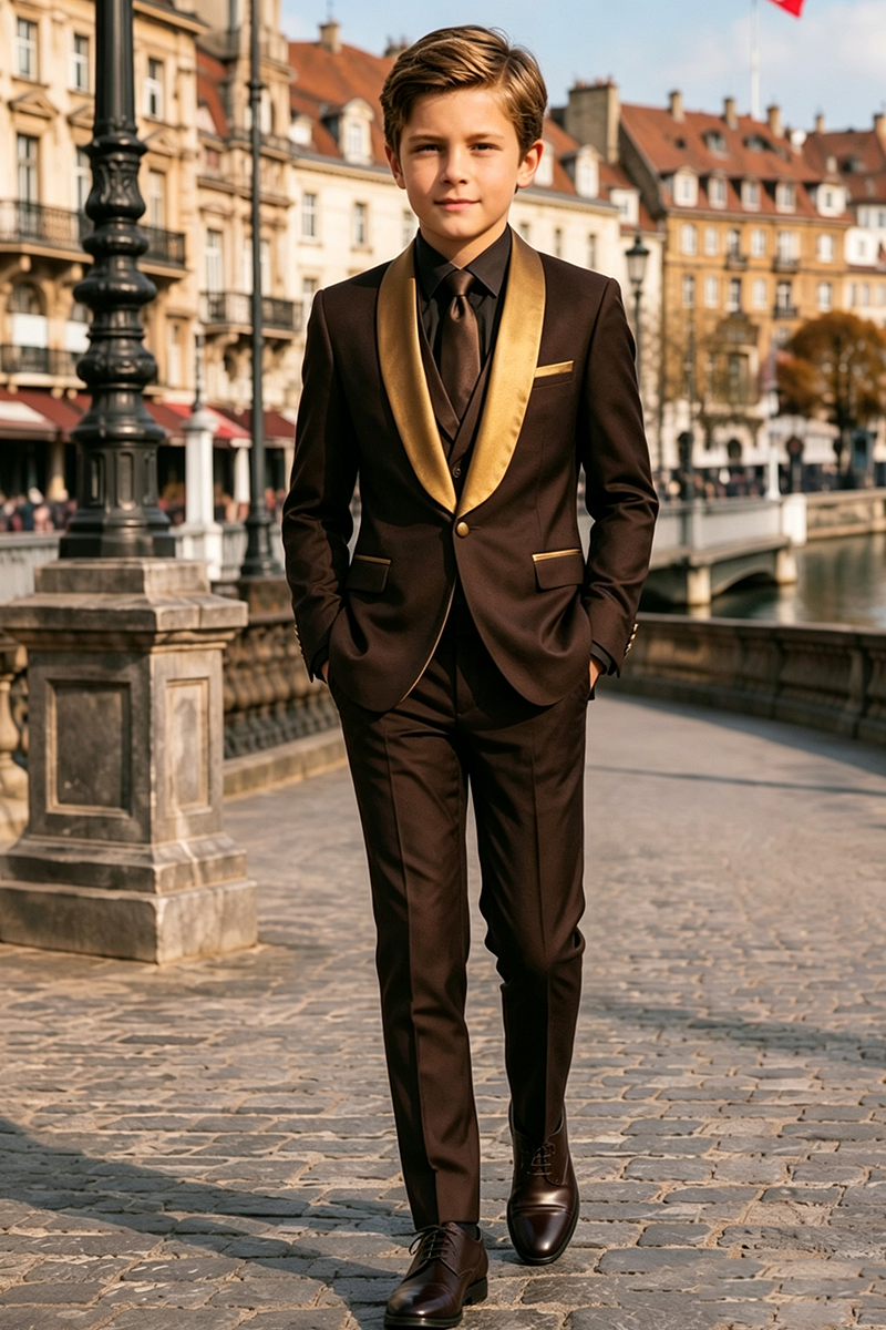 Boys Brown Tuxedo with Gold Shawl Lapel 2-Piece Suit Set