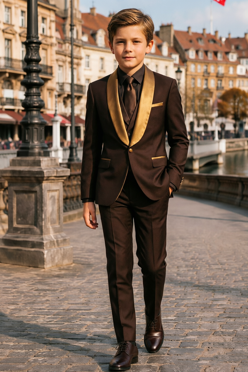 Boys Brown Tuxedo with Gold Shawl Lapel 2-Piece Suit Set