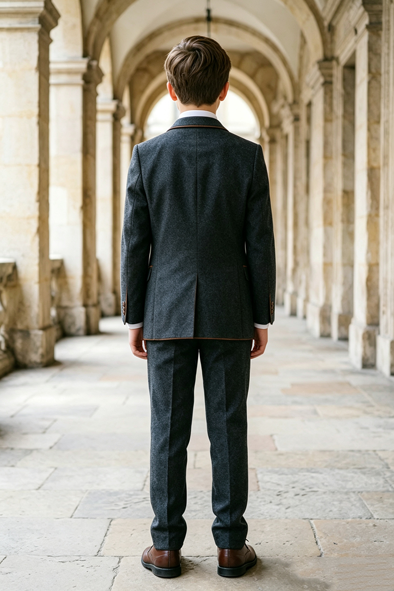 Boys Dark Grey with Contrast Piping Notch Lapel 3-Piece Suit