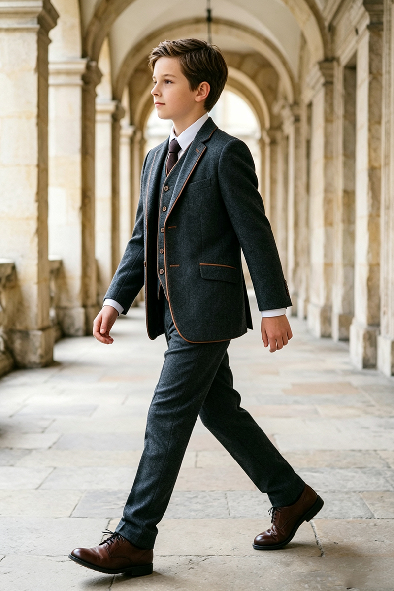 Boys Dark Grey with Contrast Piping Notch Lapel 3-Piece Suit