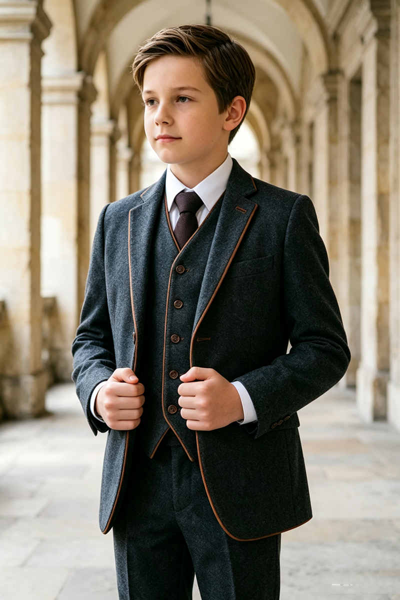 Boys Dark Grey with Contrast Piping Notch Lapel 3-Piece Suit