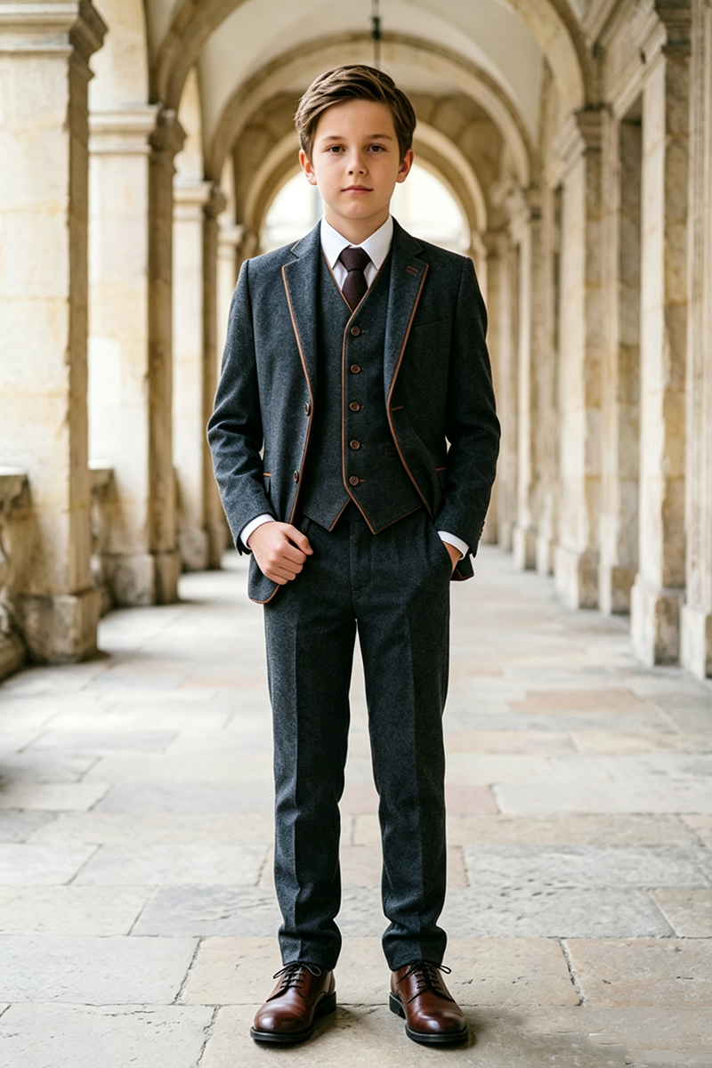 Boys Dark Grey with Contrast Piping Notch Lapel 3-Piece Suit