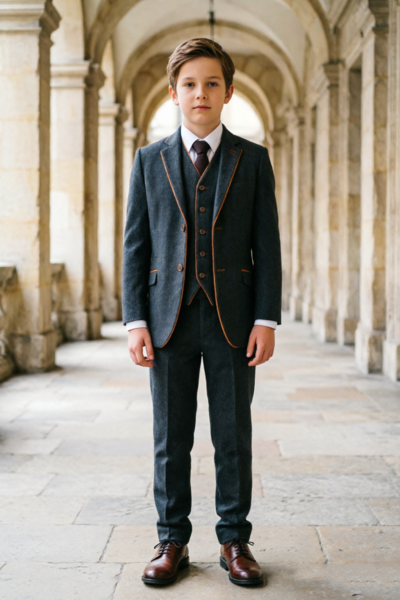 Boys Dark Grey with Contrast Piping Notch Lapel 3-Piece Suit
