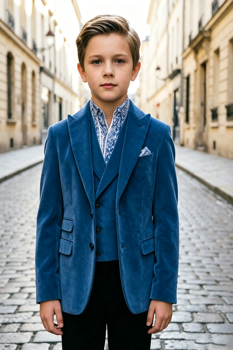 Boys Blue Velvet 3-Piece Suit for Weddings with Notch Lapel