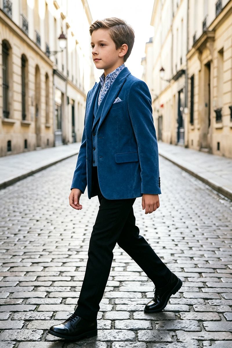 Boys Blue Velvet 3-Piece Suit for Weddings with Notch Lapel