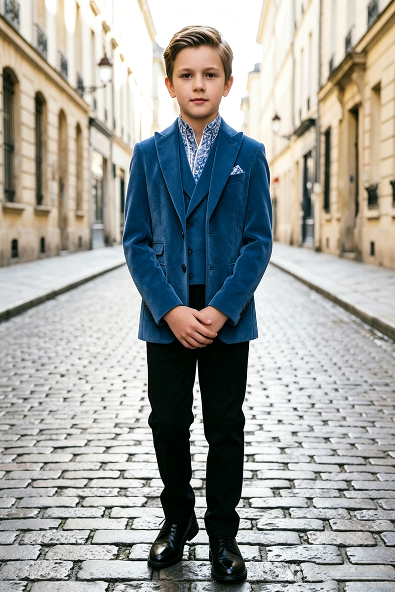 Boys Blue Velvet 3-Piece Suit for Weddings with Notch Lapel