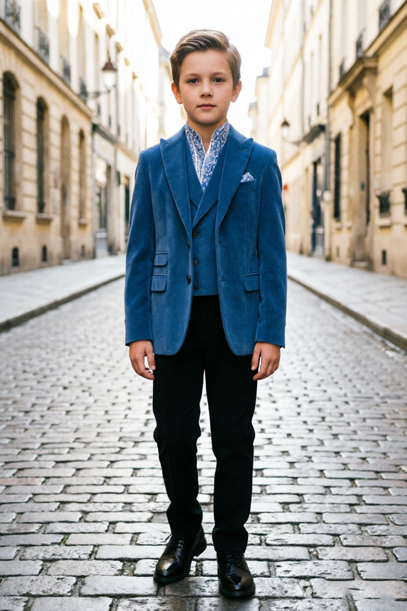 Boys Blue Velvet 3-Piece Suit for Weddings with Notch Lapel