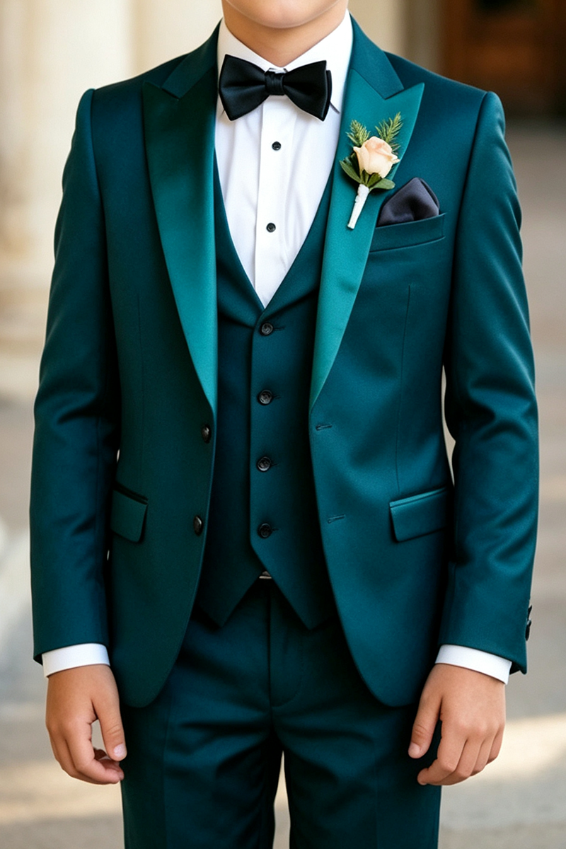 Boys Teal Tuxedo with Satin Peak Lapel 3-Piece Suit Set