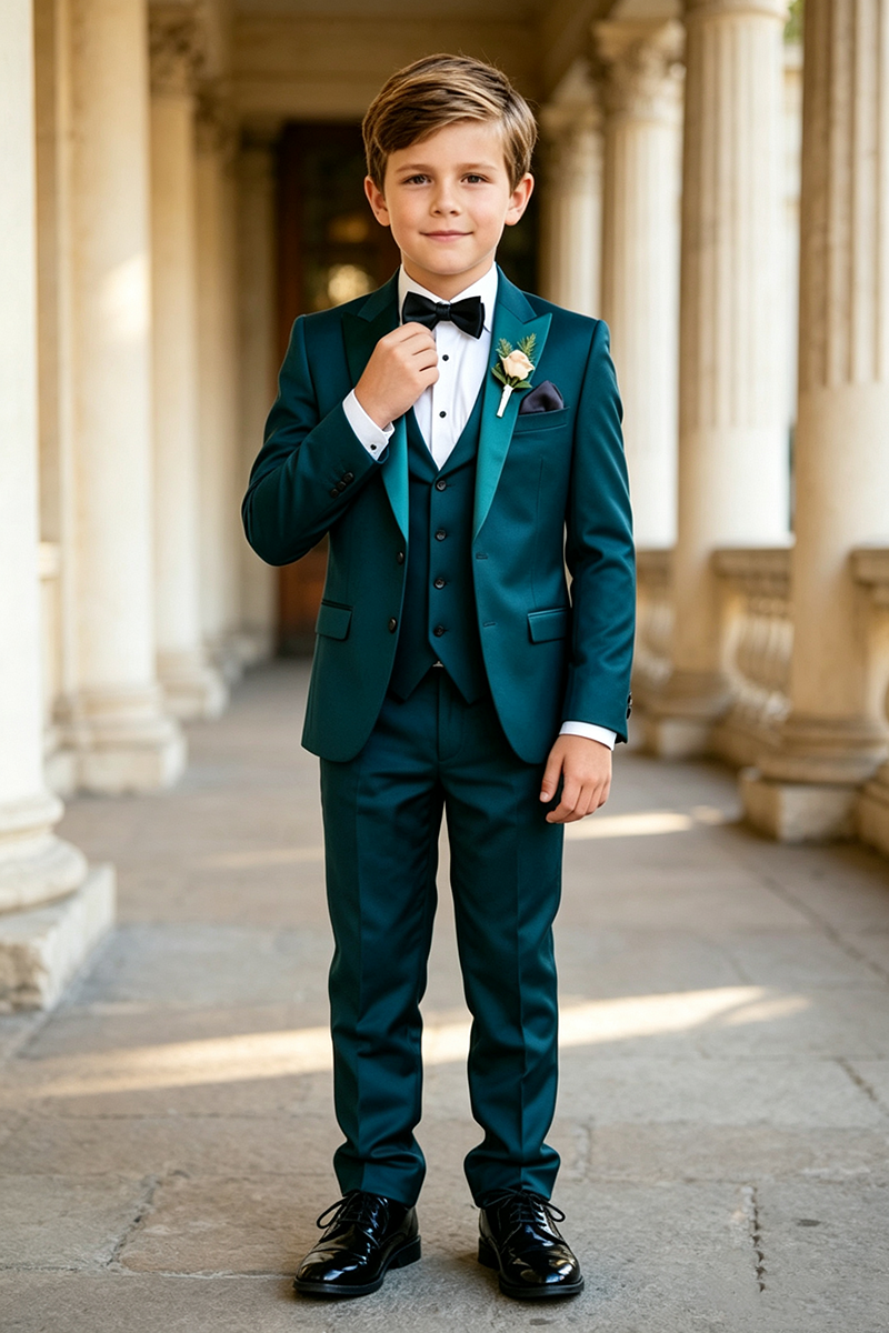 Boys Teal Tuxedo with Satin Peak Lapel 3-Piece Suit Set