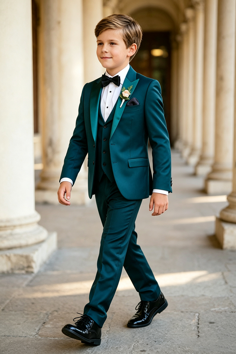 Boys Teal Tuxedo with Satin Peak Lapel 3-Piece Suit Set