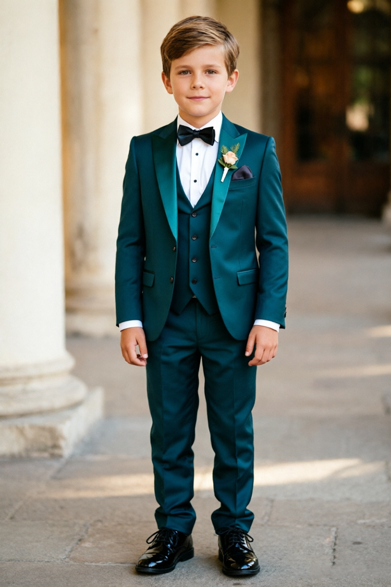 Boys Teal Tuxedo with Satin Peak Lapel 3-Piece Suit Set