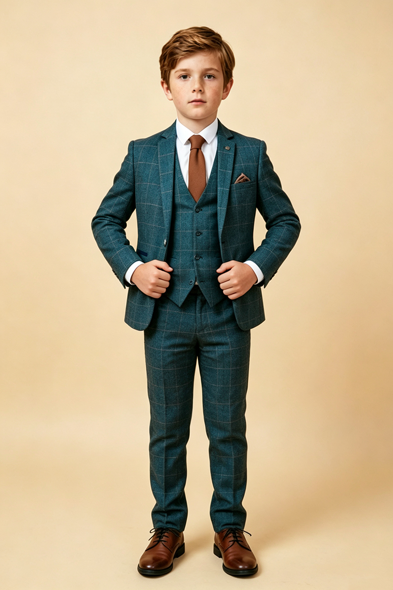 Boys Teal Windowpane 3-Piece Suit for Weddings with Notch Lapel