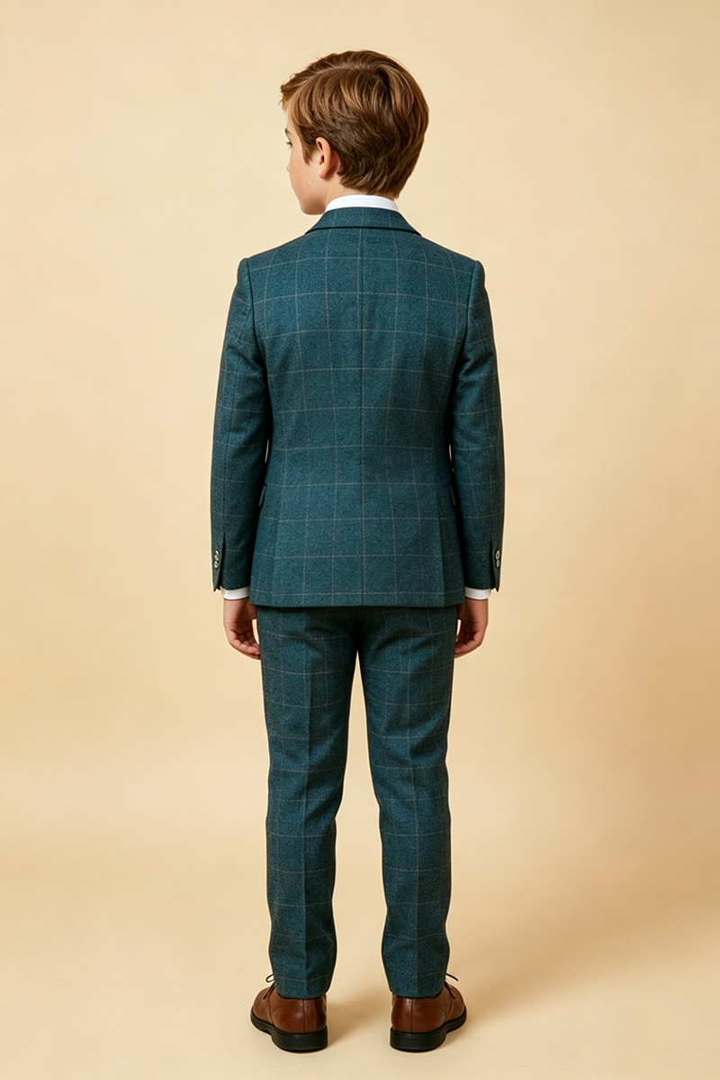 Boys Teal Windowpane 3-Piece Suit for Weddings with Notch Lapel