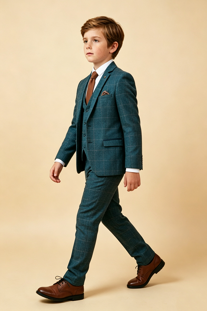 Boys Teal Windowpane 3-Piece Suit for Weddings with Notch Lapel
