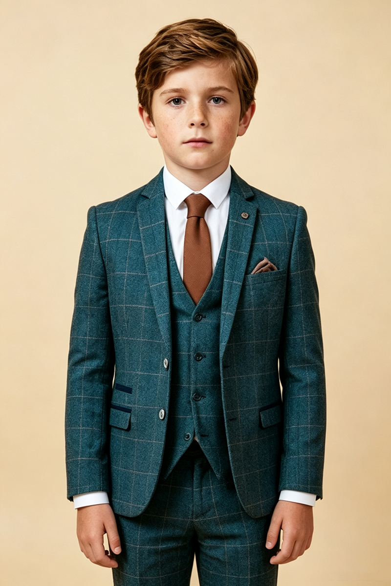 Boys Teal Windowpane 3-Piece Suit for Weddings with Notch Lapel