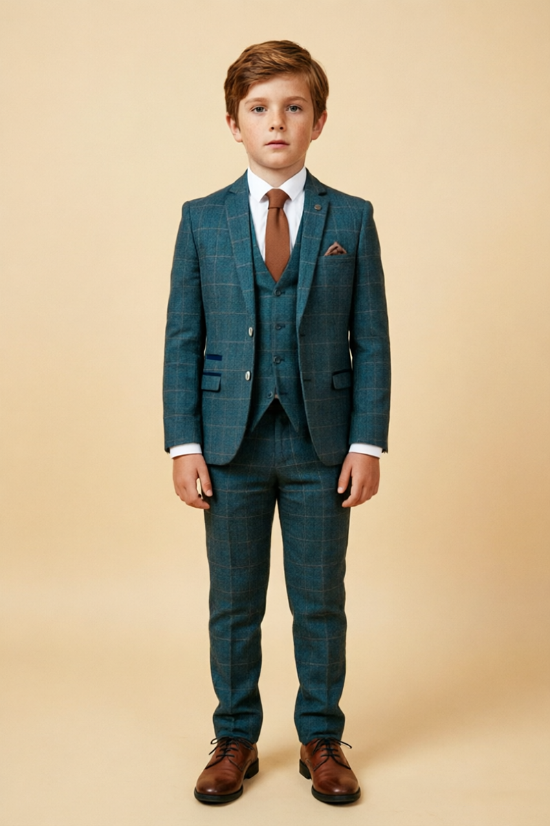 Boys Teal Windowpane 3-Piece Suit for Weddings with Notch Lapel