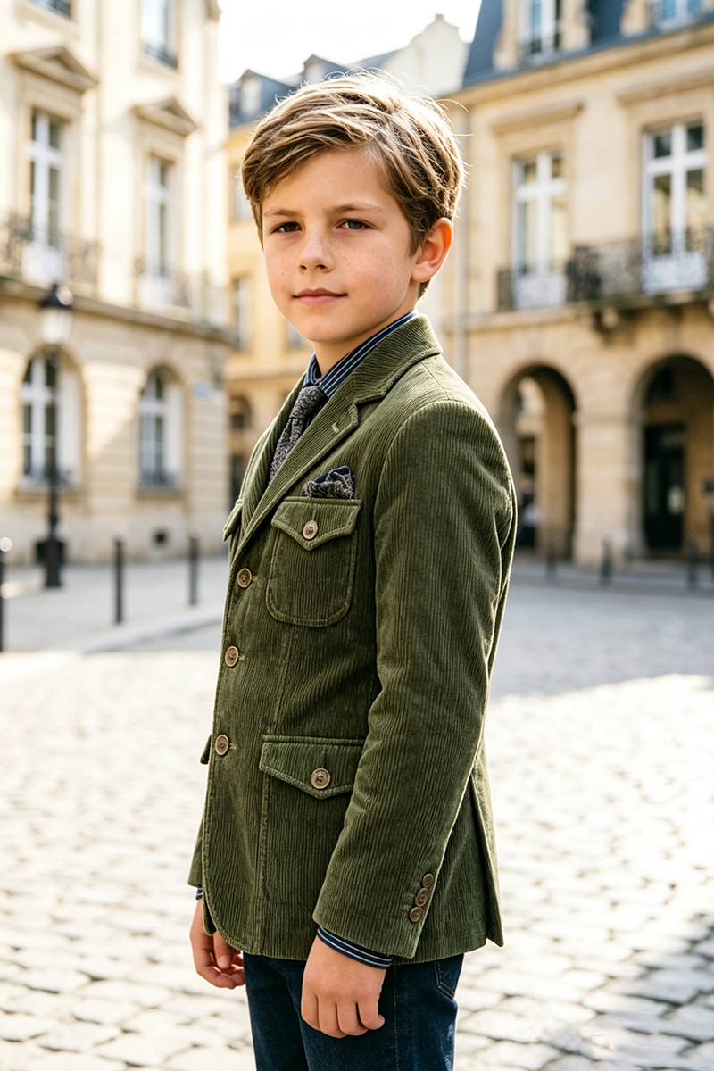 Boys Olive Corduroy Blazer for Weddings with Notch Lapel