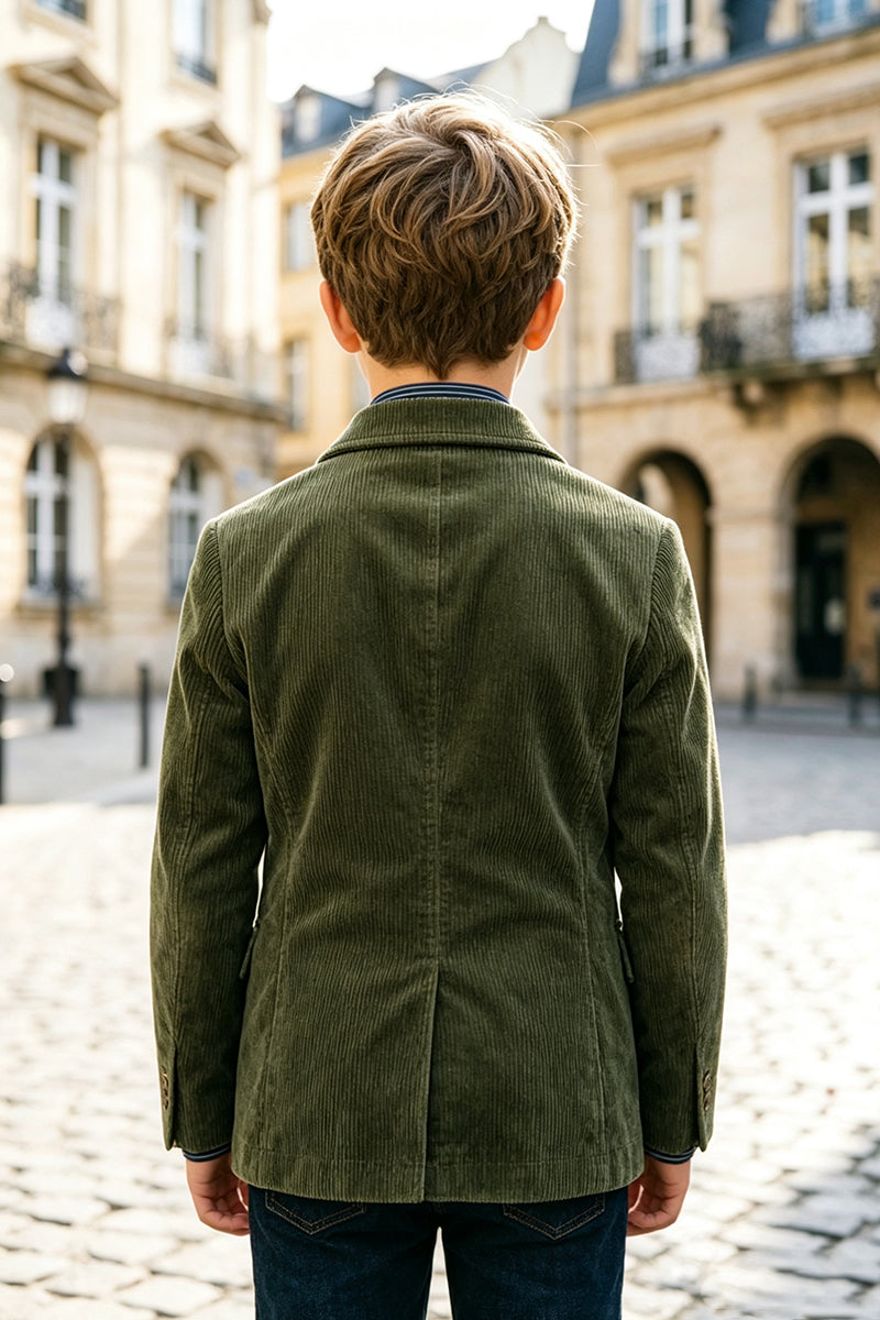 Boys Olive Corduroy Blazer for Weddings with Notch Lapel