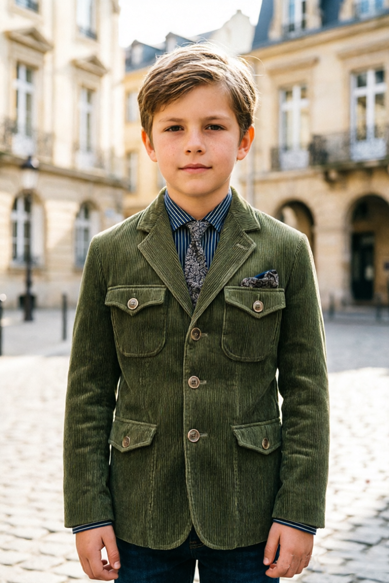 Boys Olive Corduroy Blazer for Weddings with Notch Lapel