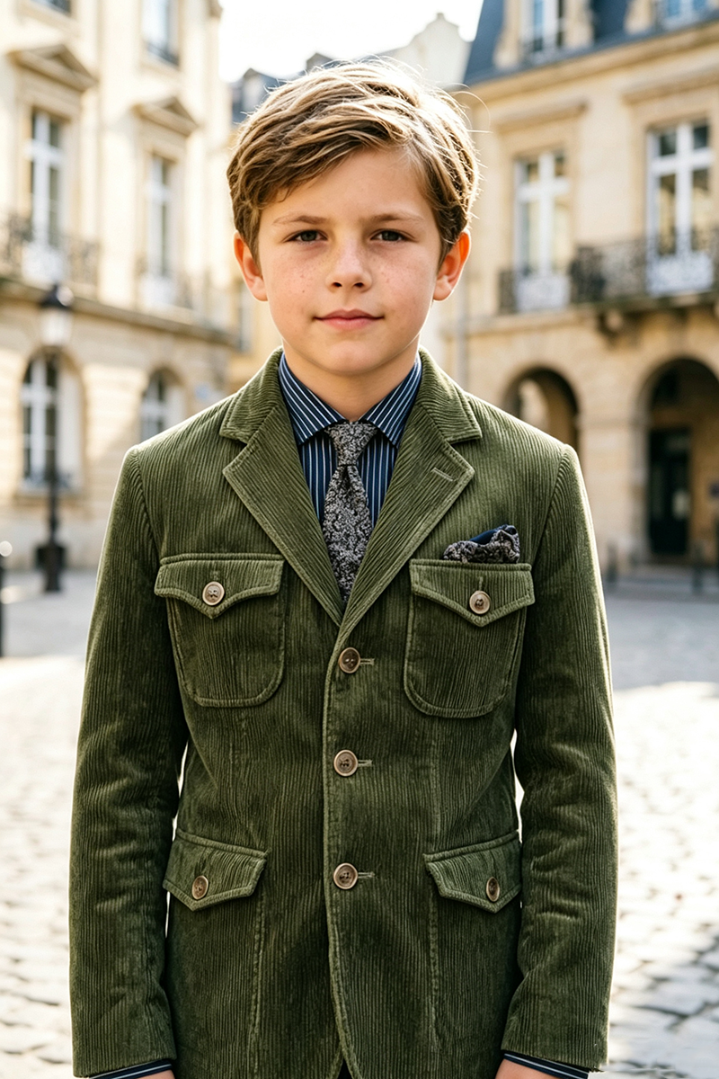 Boys Olive Corduroy Blazer for Weddings with Notch Lapel