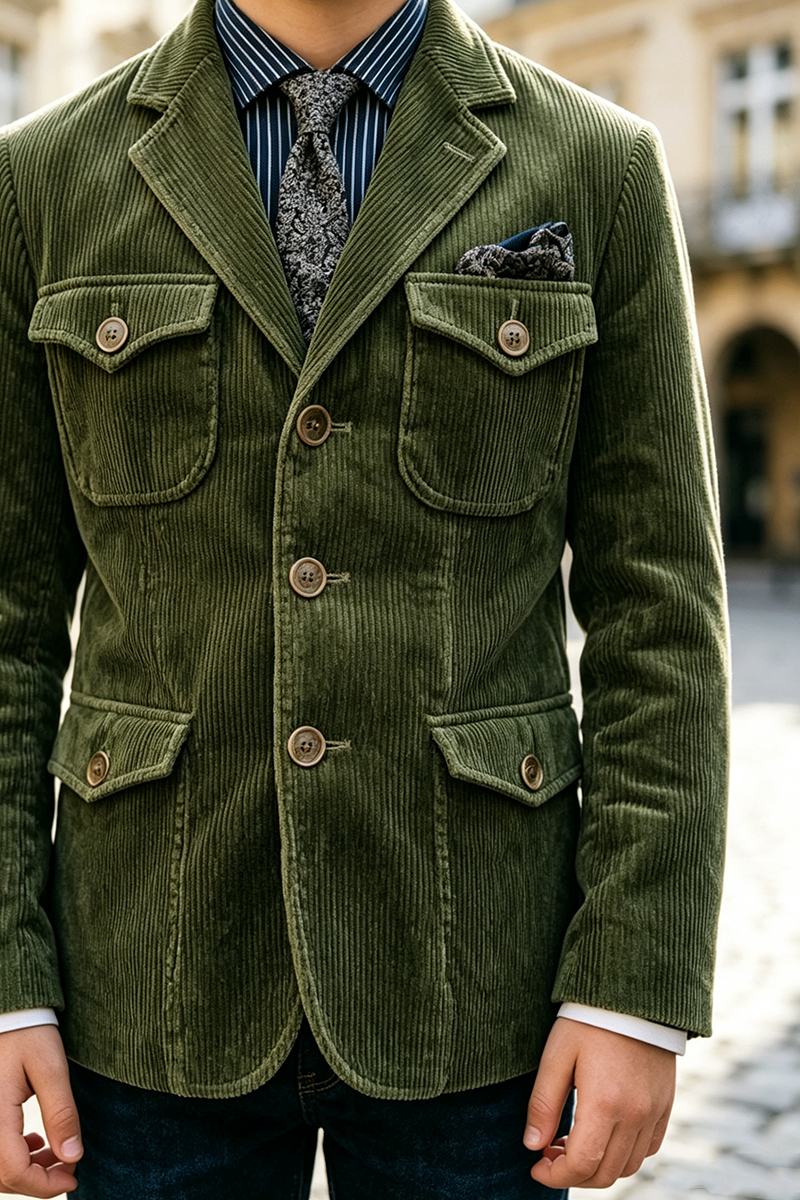 Boys Olive Corduroy Blazer for Weddings with Notch Lapel