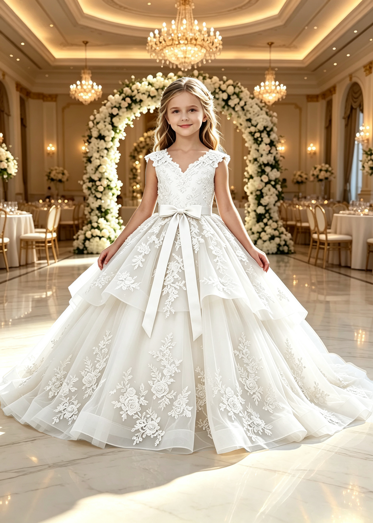 Champagne Heavy Lace Satin Bow Tulle A‑Line Dress
