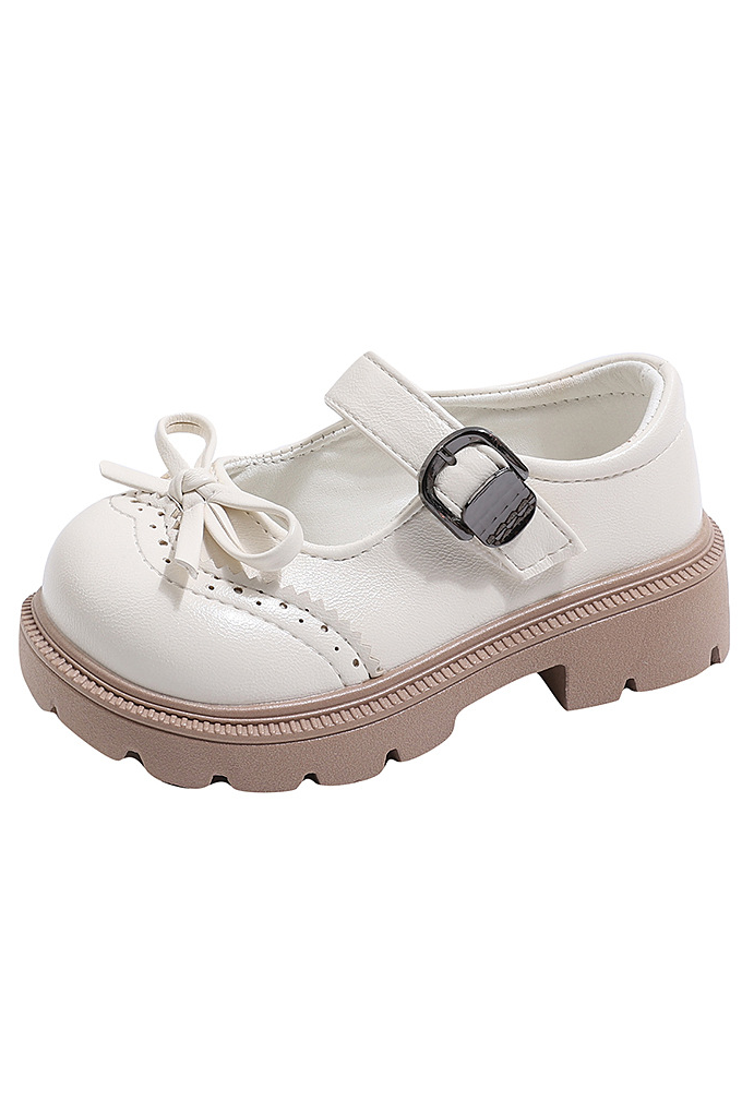 Off White PU Leather Princess Flat Shoes with Bow & Brogue Details