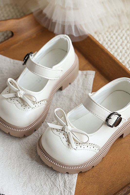 Off White PU Leather Princess Flat Shoes with Bow & Brogue Details