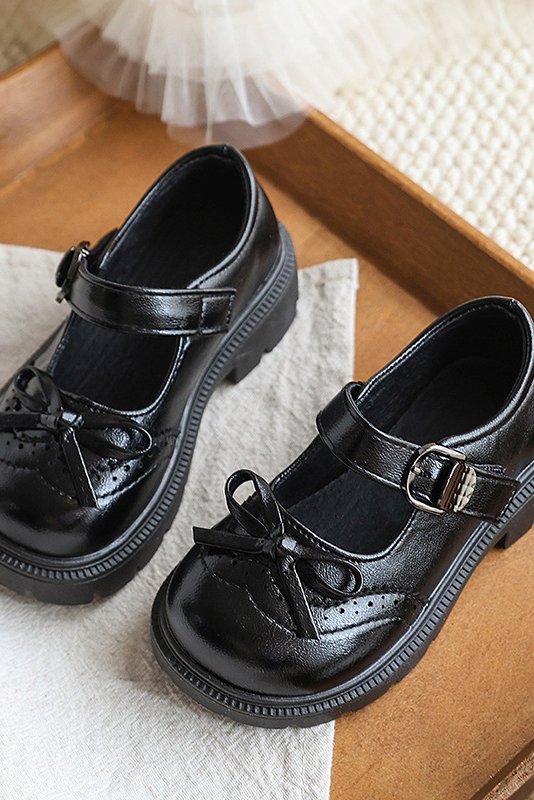 Off White PU Leather Princess Flat Shoes with Bow & Brogue Details