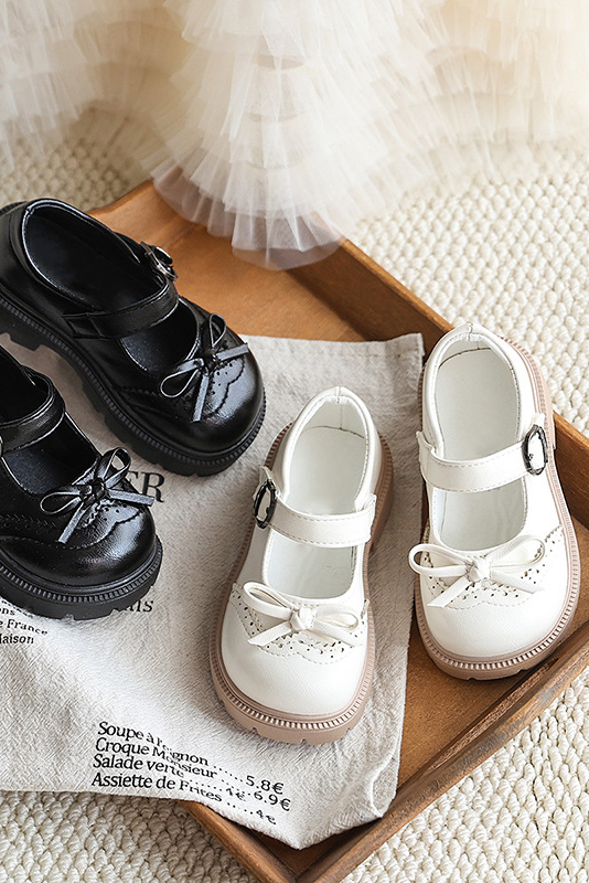 Off White PU Leather Princess Flat Shoes with Bow & Brogue Details