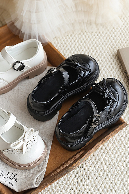 Off White PU Leather Princess Flat Shoes with Bow & Brogue Details