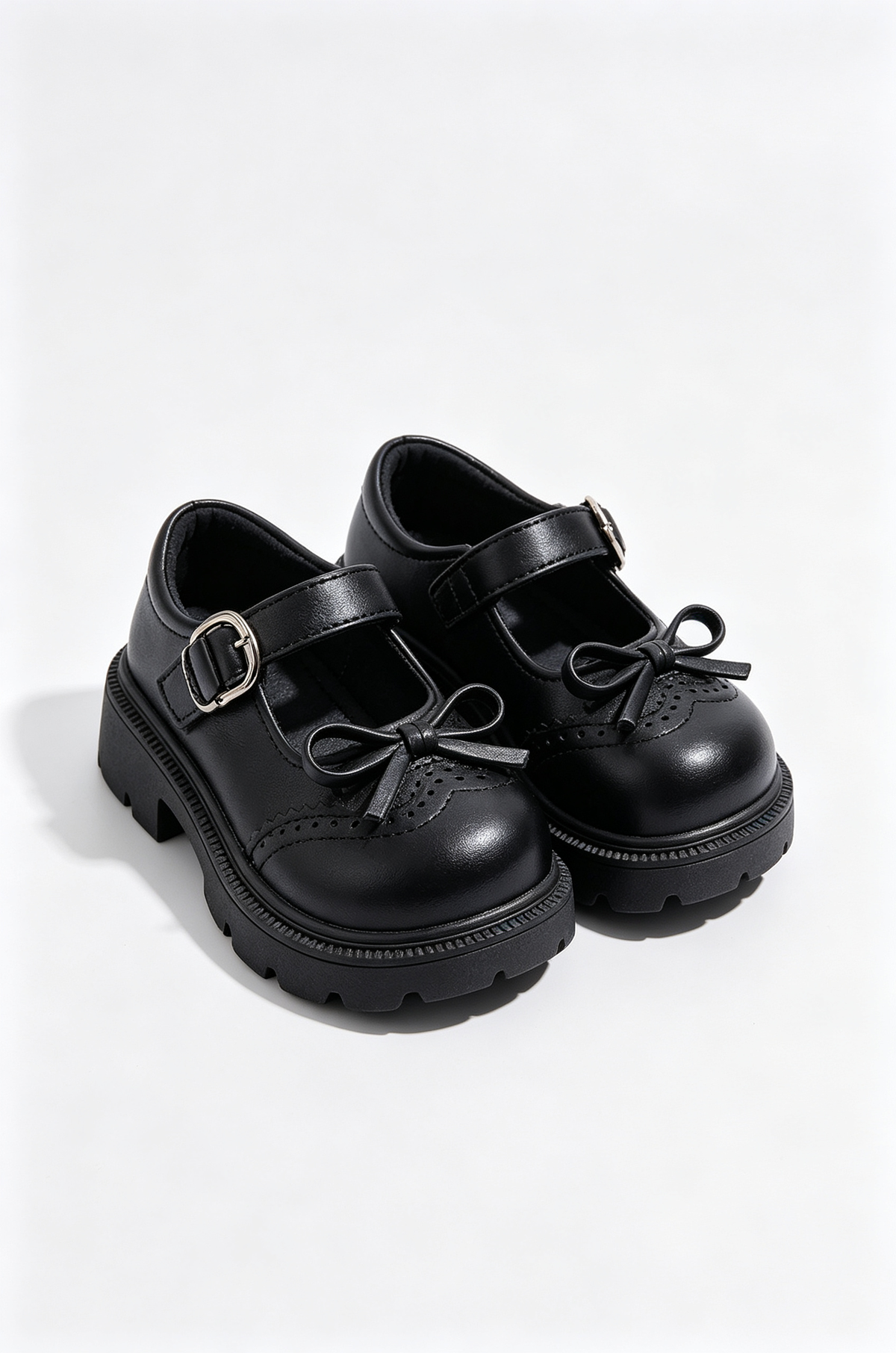 Off White PU Leather Princess Flat Shoes with Bow & Brogue Details