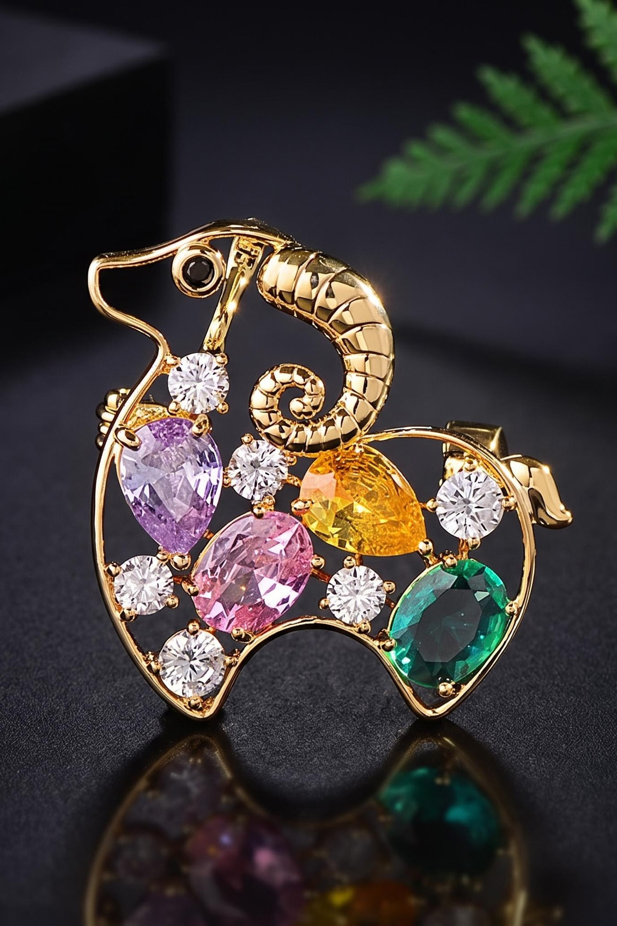 Gold Alloy Hollow Sheep Multi-Color Crystal Inlaid Animal Lapel Pin