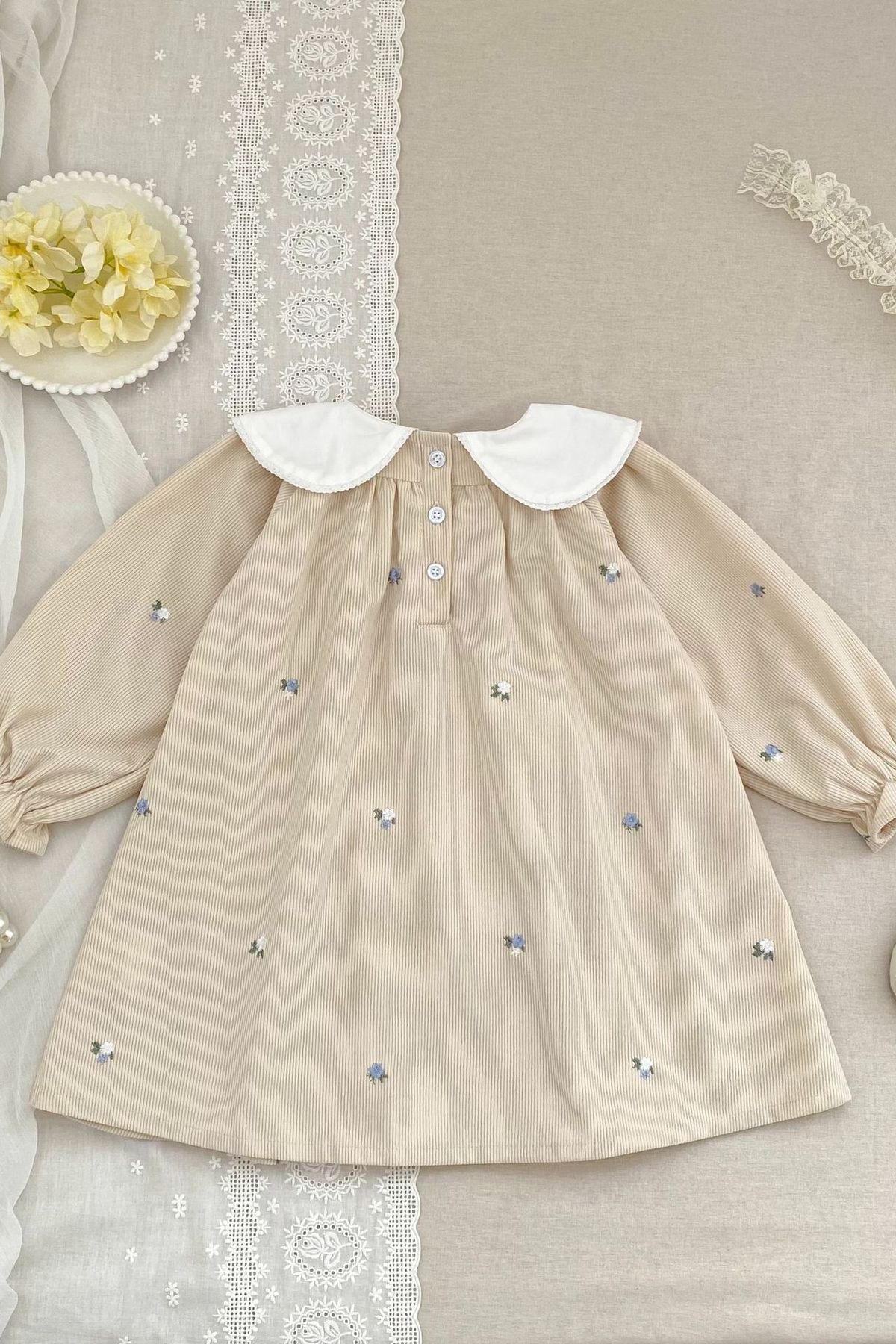 Beige Peter Pan Collar Handmade Floral Embroidery Long Sleeve A-Line Dress