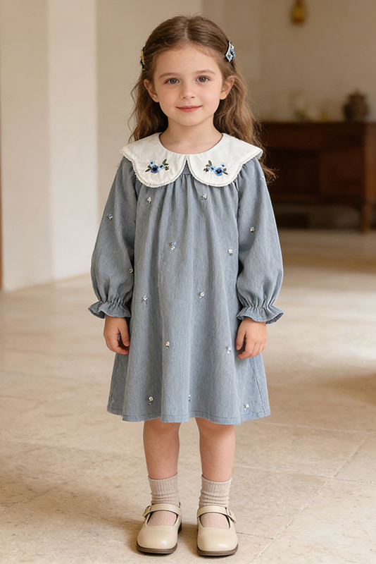 Beige Peter Pan Collar Handmade Floral Embroidery Long Sleeve A-Line Dress