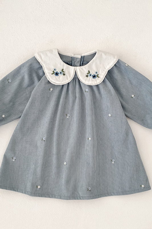Beige Peter Pan Collar Handmade Floral Embroidery Long Sleeve A-Line Dress