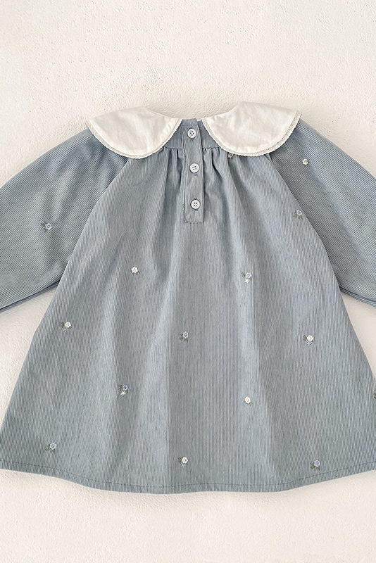 Beige Peter Pan Collar Handmade Floral Embroidery Long Sleeve A-Line Dress