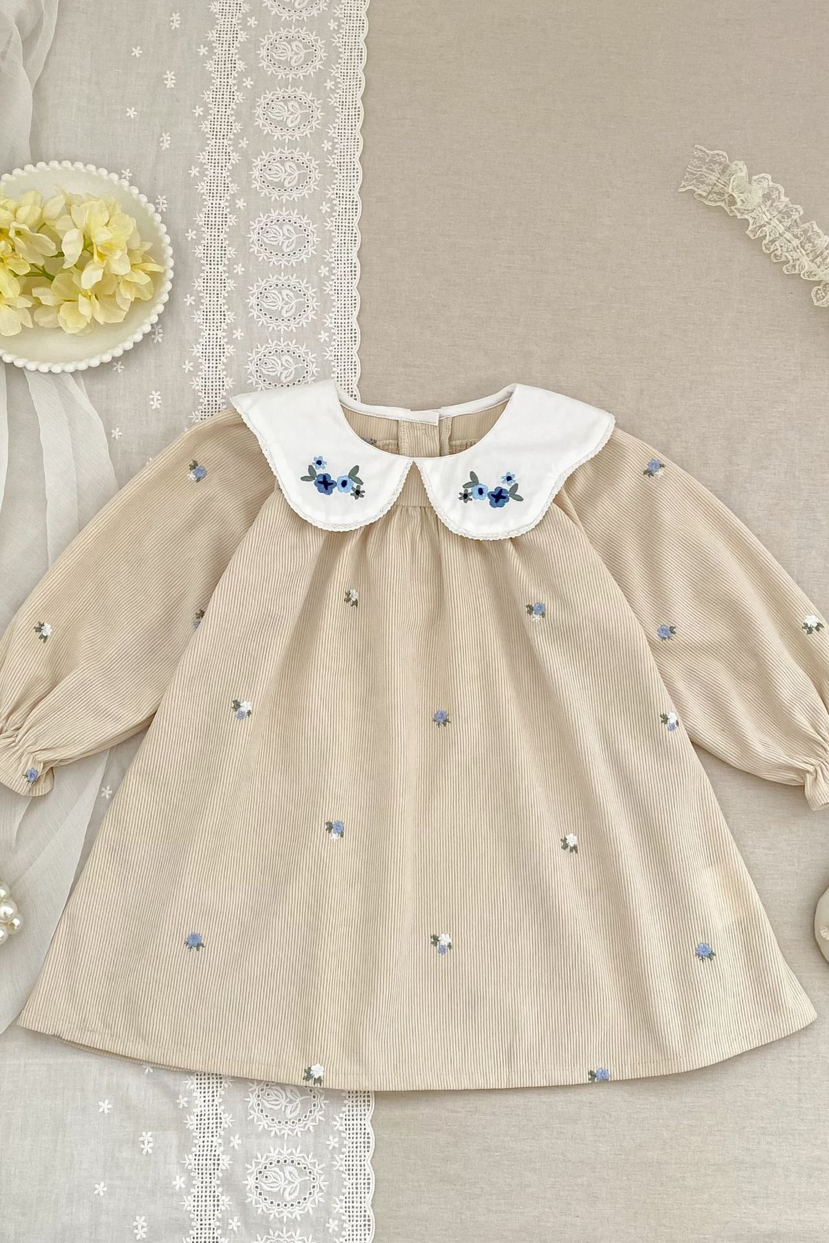 Beige Peter Pan Collar Handmade Floral Embroidery Long Sleeve A-Line Dress