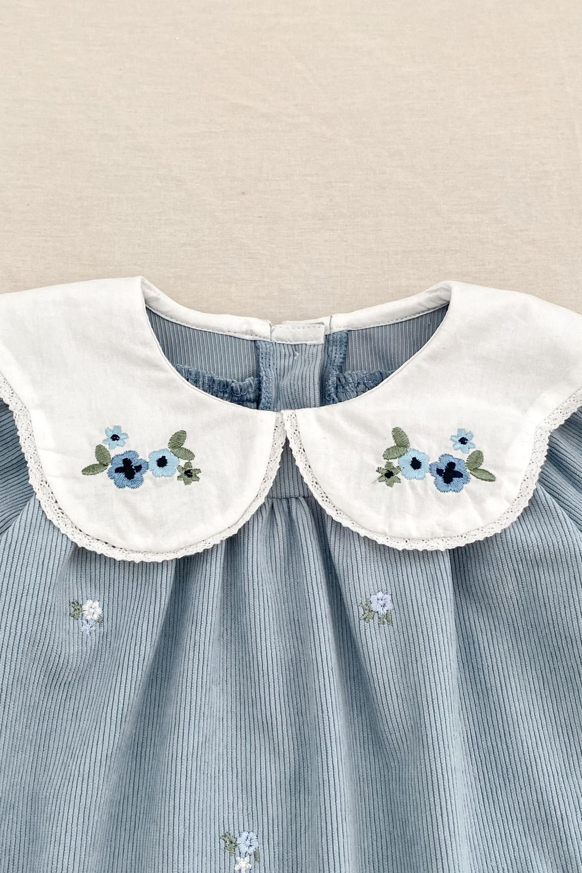 Beige Peter Pan Collar Handmade Floral Embroidery Long Sleeve A-Line Dress