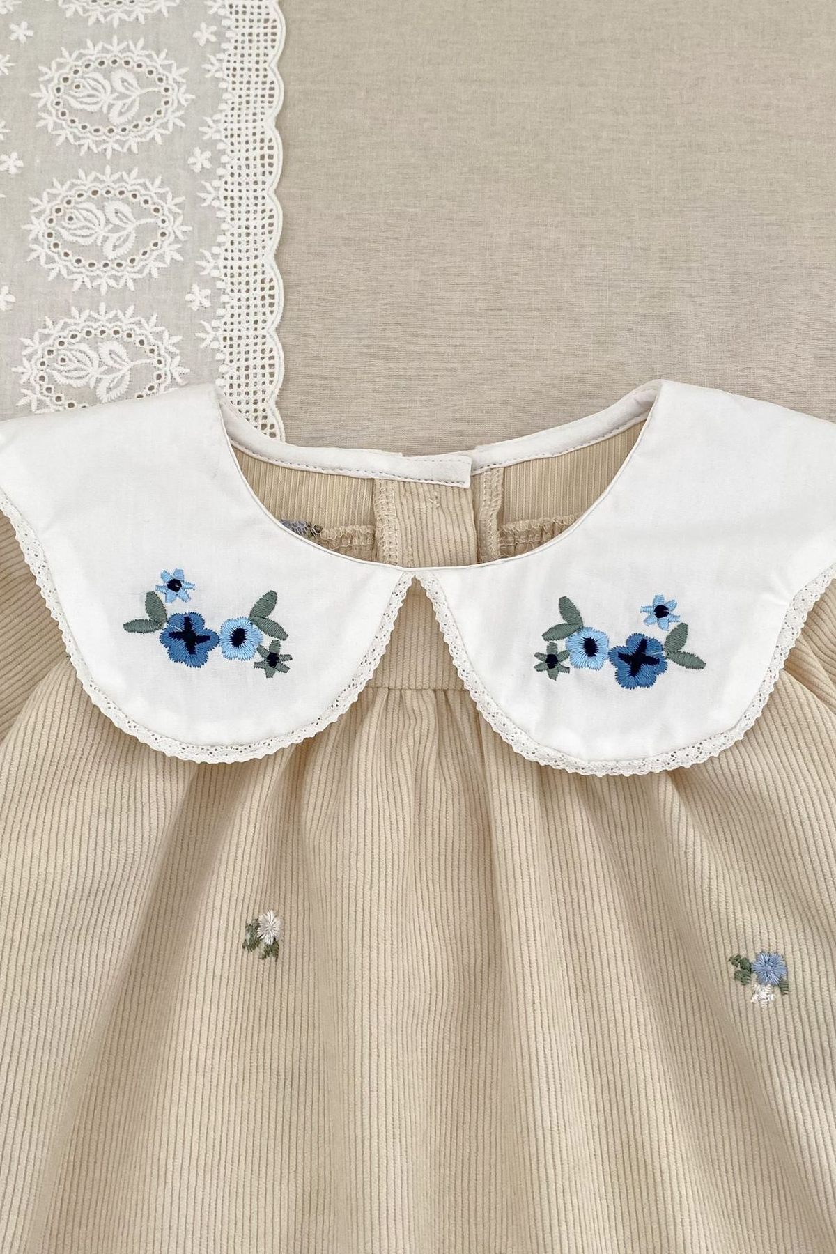 Beige Peter Pan Collar Handmade Floral Embroidery Long Sleeve A-Line Dress